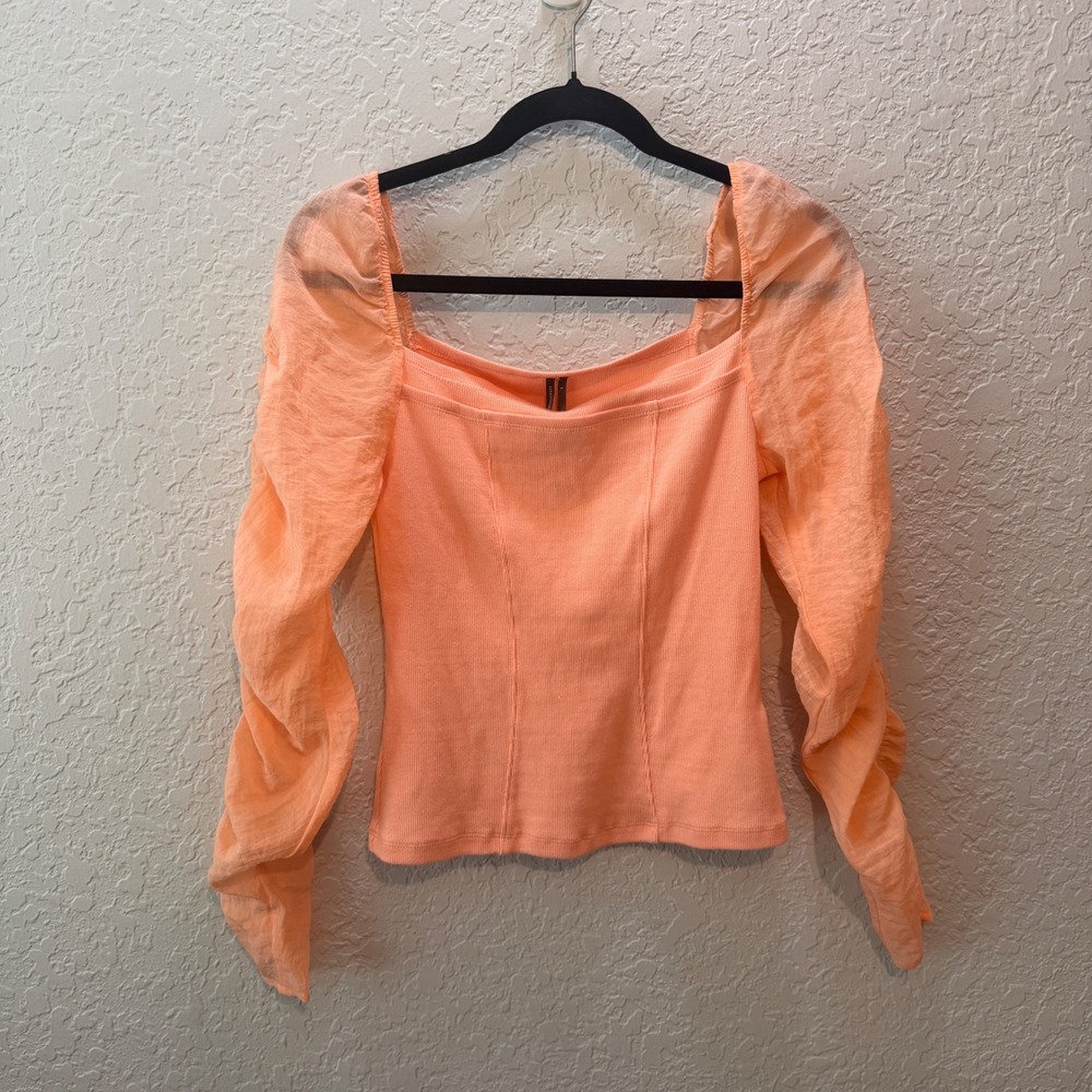 Anthropologie Ribbed Puff Sleeve Top Size S Peach Romantic Cottagecore Boho - Picture 2 of 6